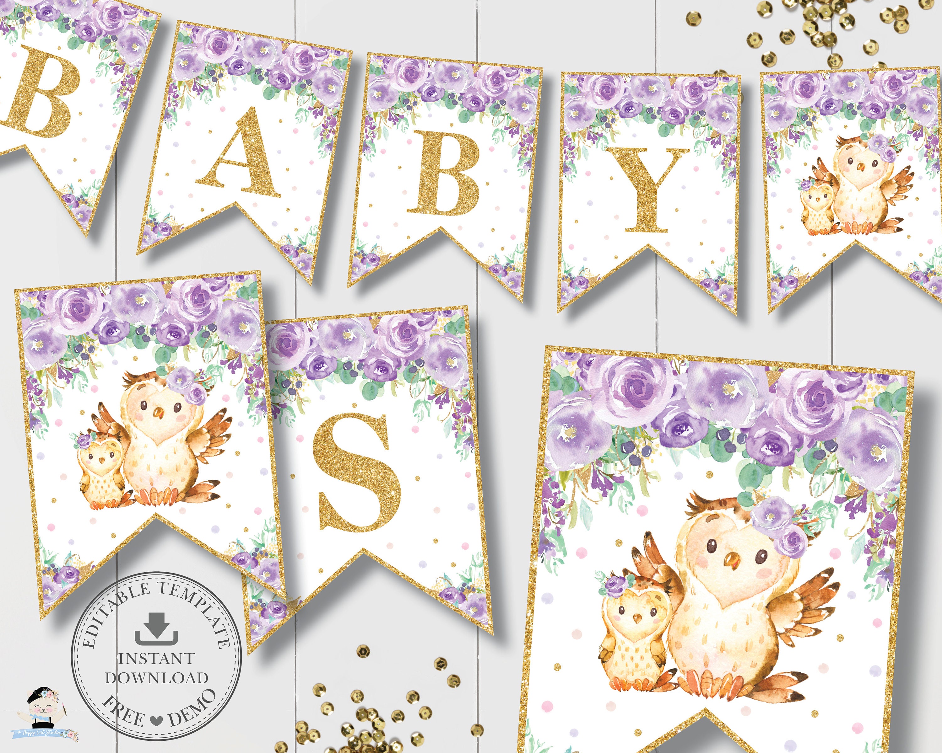 Owl Flag Banner, EDITABLE TEMPLATE, Chic Purple Floral Gold Glitter Cute Owls Bunting Baby Shower Decoration Printable, INSTANT Download OW3