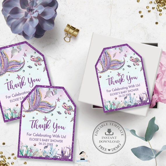 EDITABLE TEMPLATE Mermaid Thank You Tags, Favors, Mermaid Tail Printable, Baby Shower Girl, Birthday, Under the Sea, Pdf Purple Glitter, MT2 Il_570xn