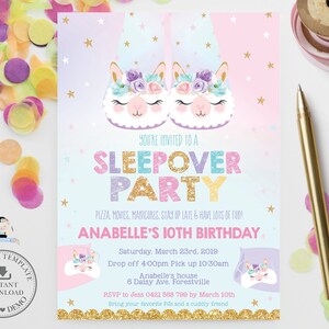Llama Sleepover Invitation, EDITABLE TEMPLATE, Cute Alpaca Slippers Slumber Pajama Pyjama Birthday Party Invite Printable, INSTANT File, LS1