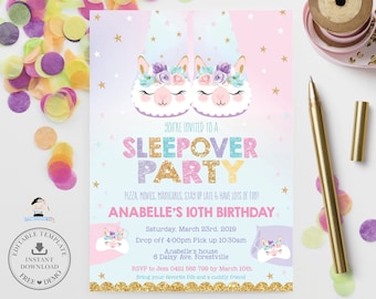 Llama Sleepover Invitation, EDITABLE TEMPLATE, Cute Alpaca Slippers Slumber Pajama Pyjama Birthday Party Invite Printable, INSTANT File, LS1