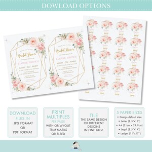 Blush Pink Floral Favor Tag, EDITABLE TEMPLATE, INSTANT Download, Bridal Shower Modern Gold Geometric, Chic Elegant Romantic Printable, PK5 image 4