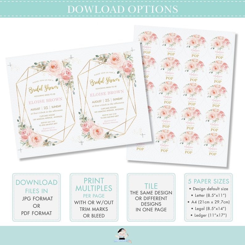 Blush Pink Floral Favor Tag, EDITABLE TEMPLATE, INSTANT Download, Bridal Shower Modern Gold Geometric, Chic Elegant Romantic Printable, PK5 image 4