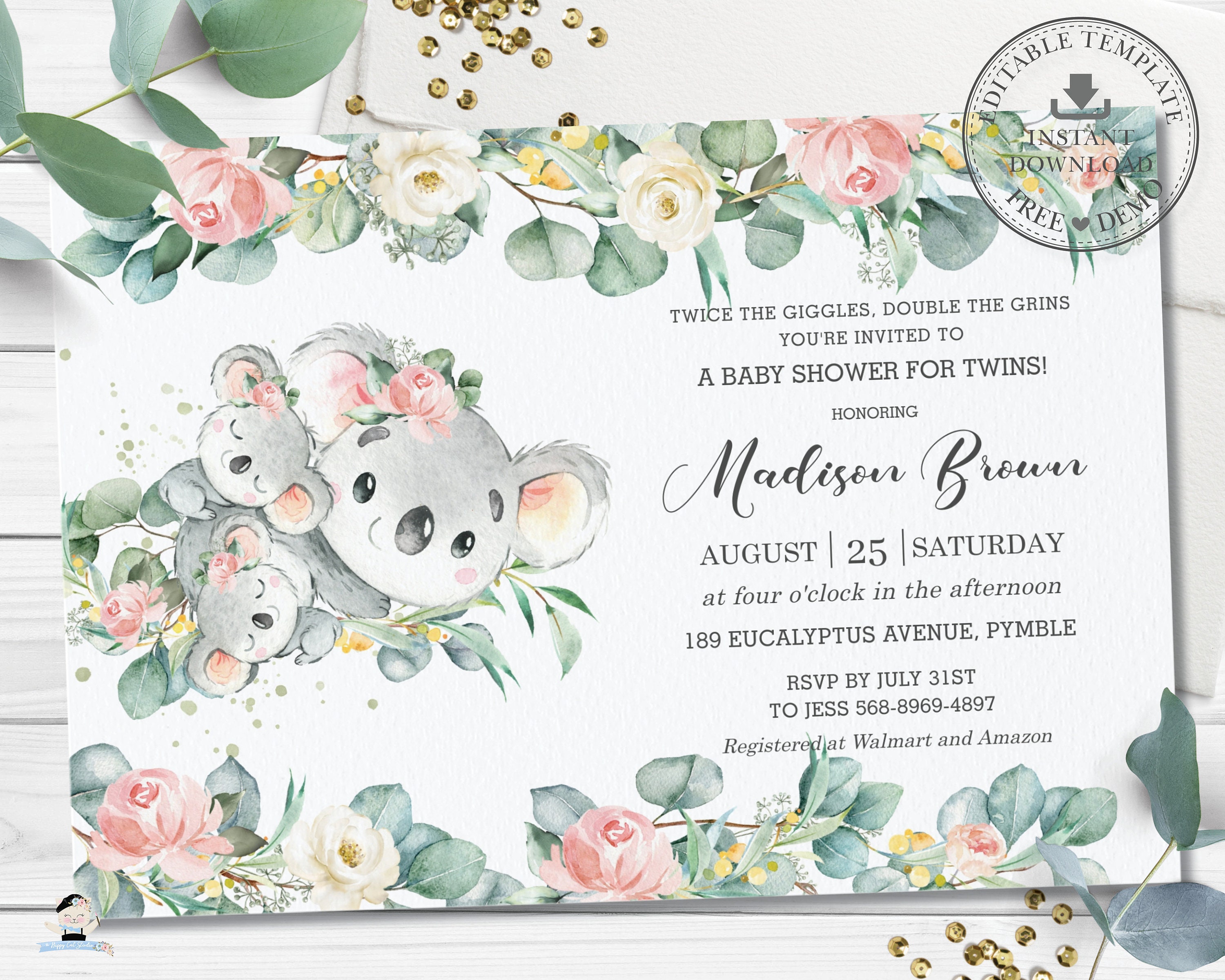 Cute Twin Girls Koala Baby Shower Invitation, EDITABLE TEMPLATE ...