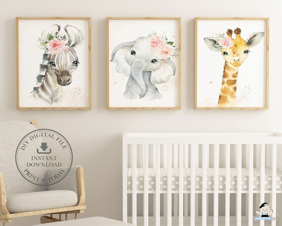 Jungle Animals Nursery Wall Art, Cute Elephant Zebra Giraffe Printable Pink Floral Baby Girl, Whimsical Kids Decor Pdf INSTANT DOWNLOAD, JA6 Il_570xn