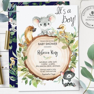 May include: A baby shower invitation with a watercolor illustration of a koala, echidna, and kookaburra on a tree trunk. The text reads "It's a Boy!" and includes the details of the shower, including the date, time, location, and RSVP information.