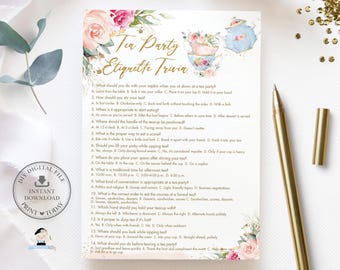 Etikett för tebjudningar, frågesport, bröllopsspel, babyshower, födelsedagsspel, DIREKT NEDLADDNING, vintage, blush rosa, blommig, viktoriansk, rolig aktivitet, utskrivbar TP5
