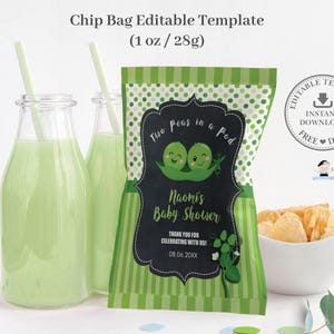 Sac à croustilles mignon deux petits pois dans une gousse MODÈLE MODIFIABLE imprimable, étiquette de baby shower à pois verts pour garçons jumeaux pour le téléchargement immédiat, PB1