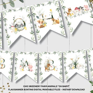 Greenery Farm Animals OH BABY Flag Banner, Barnyard Cute Animals Cow Baby Shower Garland Bunting Decor Sign Printable, INSTANT Download, BY5