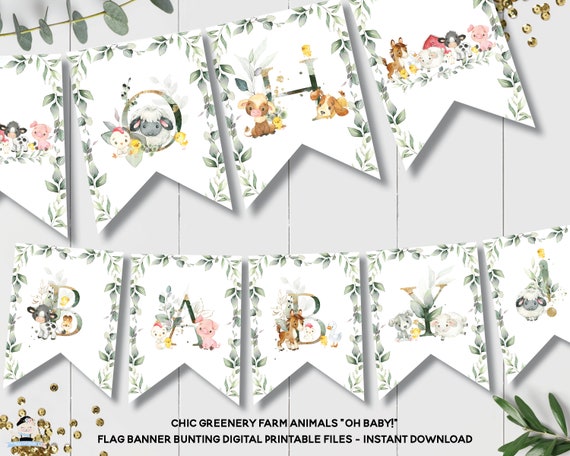 Greenery Farm Animals OH BABY Flag Banner, Barnyard Cute Animals Cow Baby Shower Garland Bunting Decor Sign Printable, INSTANT Download, BY5 Il_570xn
