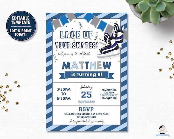 Ice Skating Invitation, EDITABLE TEMPLATE, Hockey Editable Invitation, Ice Skating Birthday Party Invite, Printable, Instant Download, HK1 Il_570xn