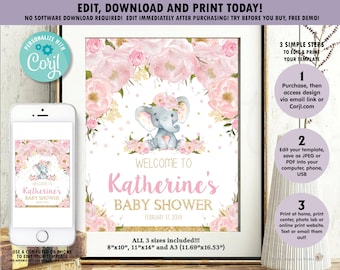 Olifant baby shower welkom teken, olifant verjaardag poster, olifant afdrukbaar, baby shower decor, doopsel, instant bewerkbare sjabloon, EP5