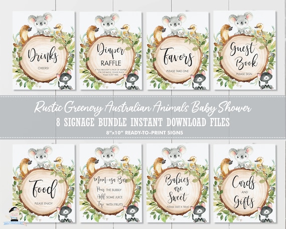 Australian Animals Tabletop Sign Bundle, Rustic Greenery Gender Neutral Baby Shower Printable Signs, Koala Favor Treat INSTANT Download, AU1 Il_570xn
