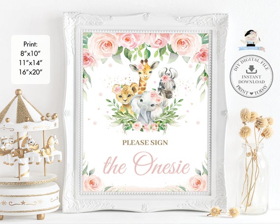 Please Sign the Onesie Sign INSTANT DOWNLOAD Pink Blush Floral Jungle Animals Baby Shower Activity Printable Elephant Lion Giraffe JA6 Etsy