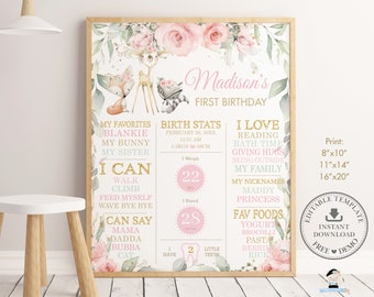 Woodland Animals 1er cumpleaños hito signo, PLANTILLA EDITABLE, Blush Pink Floral Leafy Birth Stats Poster Decor Pdf, Descarga INSTANTÁNEA WG10
