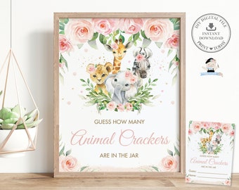 Guess How Many Animal Crackers are in the Jar Game, INSTANT DOWNLOAD, Floral Jungle Animals Baby Shower Fun Activity, Diy PDF Printable JA6