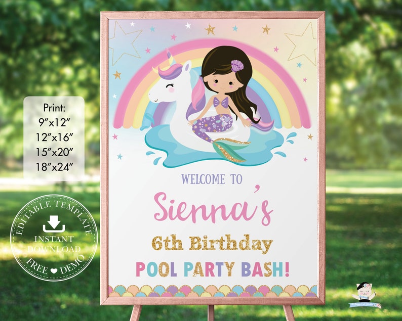 Pode incluir: Uma placa de festa emoldurada com uma sereia montada em um unic&oacute;rnio sobre um arco-&iacute;ris. A placa diz "Bem-vindo &agrave; 6&ordf; festa de anivers&aacute;rio de Sienna!" e inclui op&ccedil;&otilde;es de tamanho de impress&atilde;o: 23x30cm, 30x41cm, 38x51cm e 46x61cm.