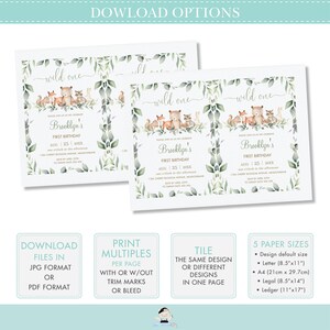 May include: Printable invitation for a first birthday party with a woodland theme. The invitation features a watercolour illustration of a fox, bear, raccoon, and rabbit surrounded by green leaves. The text on the invitation reads "wild one" and "Brooklyn's First Birthday".