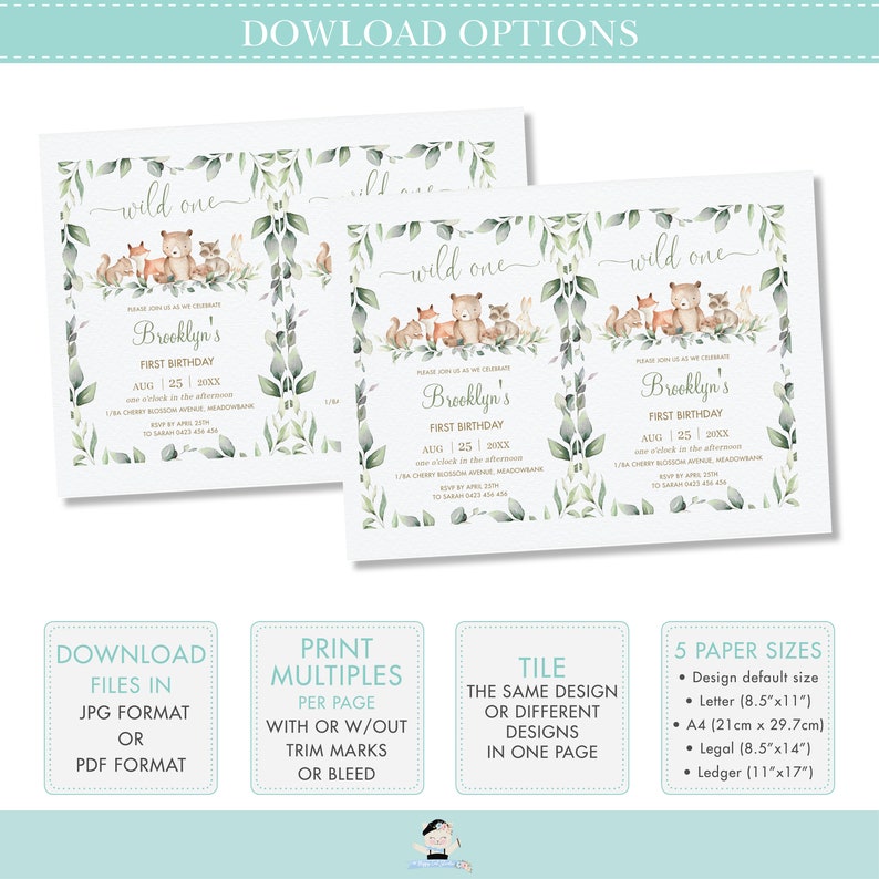 May include: Printable invitation for a first birthday party with a woodland theme. The invitation features a watercolour illustration of a fox, bear, raccoon, and rabbit surrounded by green leaves. The text on the invitation reads "wild one" and "Brooklyn's First Birthday".