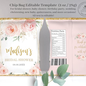 May include: A pink and gold chip bag template with a floral design and the text "Madison's Bridal Shower 08.06.20XX".