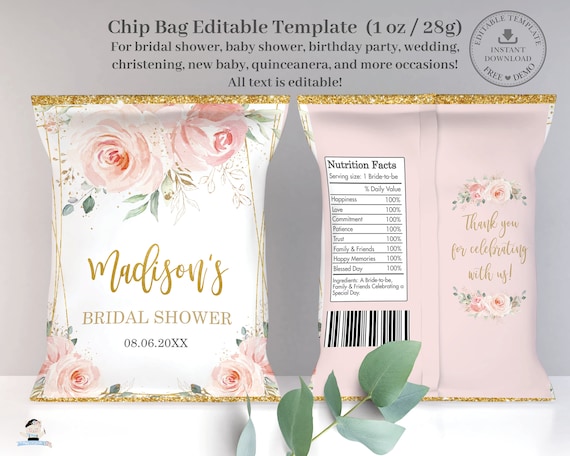 Blush Pink Floral Chip Bag Printable EDITABLE TEMPLATE, Bridal Baby Shower Wedding Birthday Quinceanera Label Favors, INSTANT Download, PK5 Il_570xn