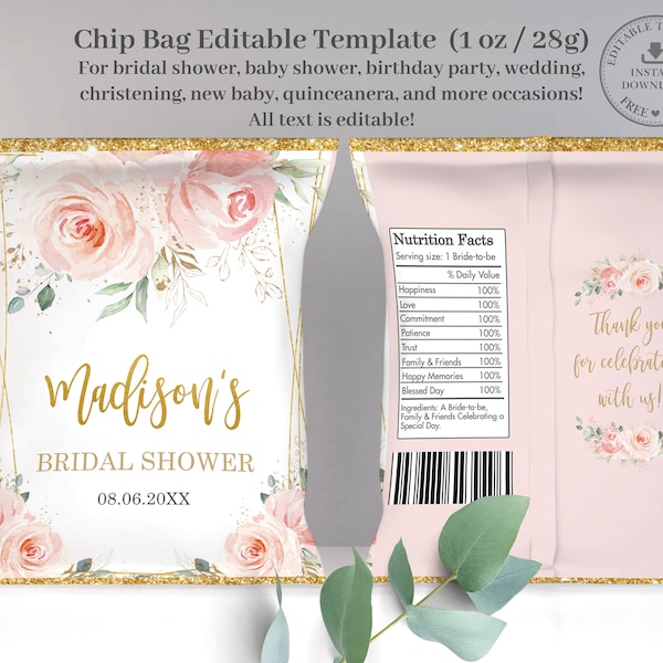 Blush Pink Floral Chip Bag Printable EDITABLE TEMPLATE, Bridal Baby Shower Wedding Birthday Quinceanera Label Favors, INSTANT Download, PK5