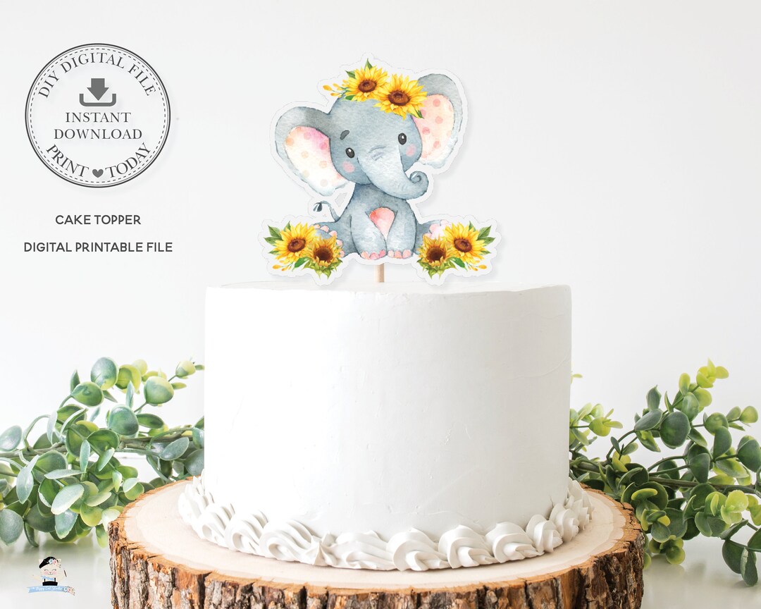 Sunflower Elephant Cake Topper, INSTANT DOWNLOAD, Cute Elephant Jungle