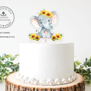 Sunflower Elephant Cake Topper, INSTANT DOWNLOAD, Cute Elephant Jungle Safari Floral PRINTABLE File Pdf, Baby Shower 1st Birthday Party, EP8