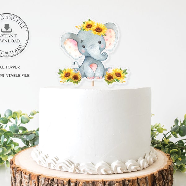 Sunflower Elephant Cake Topper, INSTANT DOWNLOAD, Cute Elephant Jungle Safari Floral PRINTABLE File Pdf, Baby Shower 1st Birthday Party, EP8