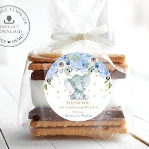 Etiquetas circulares de elefante floral azul de 2 ", MODELO EDITÁVEL, etiqueta redonda de agradecimento para chá de bebê de menino, primeiro aniversário para impressão, download INSTANTÂNEO, EP6