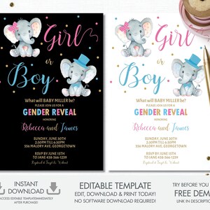 PLANTILLA EDITABLE Invitación de revelación de género, invitación a fiesta de revelación de género de elefante niño o niña, elefante rosa azul imprimible, baby shower, GR4