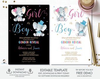 EDITABLE TEMPLATE Gender Reveal Invitation, Boy or Girl Elephant Gender Reveal Party Invite, Blue Pink Elephant Printable, Baby Shower, GR4