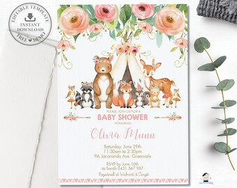 Floral Woodland Animals Baby Shower Invitation, EDITABLE TEMPLATE, Boho Tribal Forest Animal Baby Girl Sprinkle Invite Printable, Teepee WG5