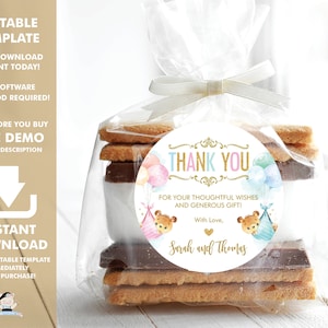 EDITABLE TEMPLATE Cute Twin Teddy Bears 2&quot; Circle Tags, Twins Boy Girl Pink Blue Gold Thank You Sticker Favors Printable, Baby Shower, TB5