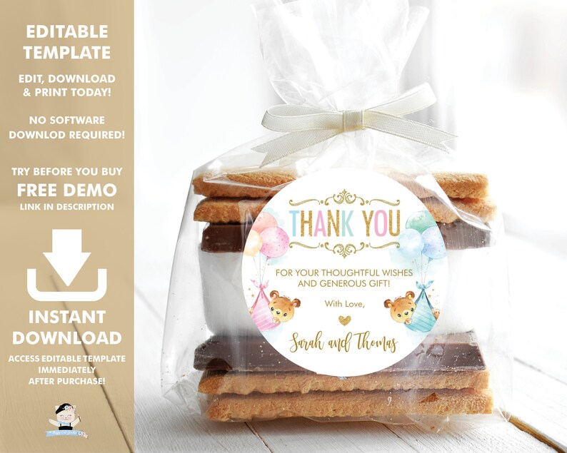 May include: A white round thank you tag with gold accents and a watercolor design of balloons, bears, and a tent. The text on the tag reads "Thank You" in gold lettering, "For your thoughtful wishes and generous gift!" in black lettering, "With Love, Sarah and Thomas" in gold lettering.
