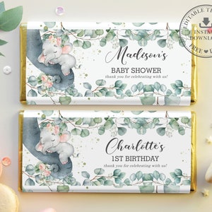 Elephant Chocolate Bar Wrappers, EDITABLE TEMPLATE, Hershey&#39;s Aldi Chocolate Favor, Floral Greenery Printable, Baby Shower Girl INSTANT EP11