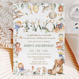 Nursery Rhyme 2nd Birthday Invitation, EDITABLE TEMPLATE, Two Neutral Boy Girl Storybook Invites Printable Hey Diddle Diddle Download NR1
