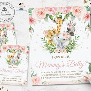 How Big is Mommy es Belly Sign Karte, SOFORT DOWNLOAD, Chic Rosa Floral Safari Dschungel Tiere Baby Shower Spiel Aktivität DIY PDF druckbar JA6