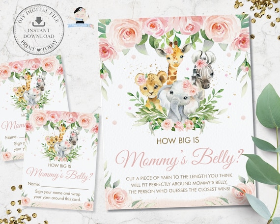 How Big is Mommy's Belly Sign Card, INSTANT DOWNLOAD, Chic Pink Floral Safari Jungle Animals Baby Shower Game Activity Diy PDF Printable JA6 Il_570xn