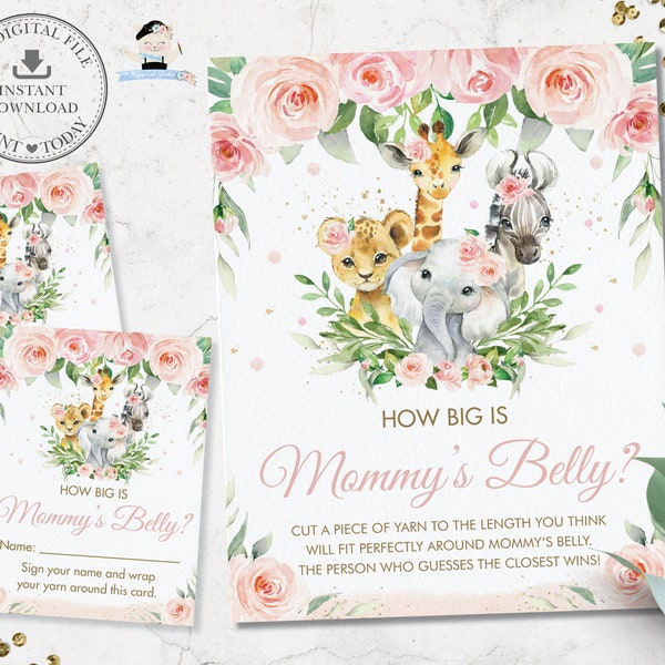 How Big is Mommy's Belly Sign Card, INSTANT DOWNLOAD, Chic Pink Floral Safari Jungle Animals Baby Shower Game Activity Diy PDF Printable JA6