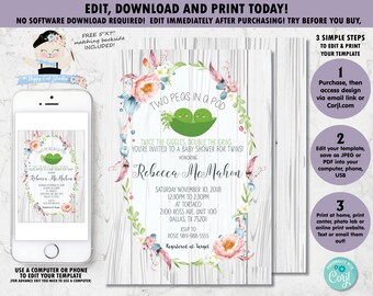 EDITABLE TEMPLATE Boho Peas in a Pod Baby Shower Invitation, Twins Baby Shower Invite, Two Peas in a Pod Printable, Rustic, Floral, Chic BP1
