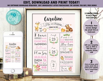 Signo de hitos del 1er cumpleaños, animales del bosque, niña, imprimible, estadísticas de nacimiento, primero, un año, póster, rosa, decoración de guardería PLANTILLA EDITABLE