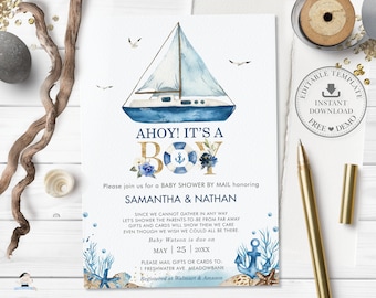 Nautical Ahoy It's a Boy Baby Shower by Mail Invitation, EDITABLE TEMPLATE, Virtual Chic Boat Blue and Gold Printable, INSTANT Download, NT2