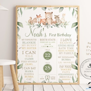 May include: A printable first birthday poster with a woodland theme. The poster features a bear, fox, and squirrel surrounded by green leaves. The poster includes the child's name, "Noah", and details about their first year, including their weight, height, and favourite things. The poster is available in three sizes: 8x10 inches, 11x14 inches, and 16x20 inches.