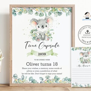 Süße australische Koala Zeitkapsel Zeichen Nachricht Karte, EDITIERBARE VORLAGE, Greenery First 1. Geburtstag Aktivität druckbare Datei, SOFORT AU2