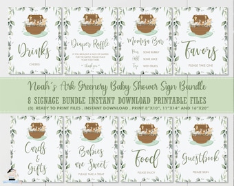 Noah's Ark Greenery Baby Shower Signage Bundle Printable, INSTANT DOWNLOAD, Cute Twin Animals Tabletop Signs, Diaper Raffle, Momosa Bar, NA1