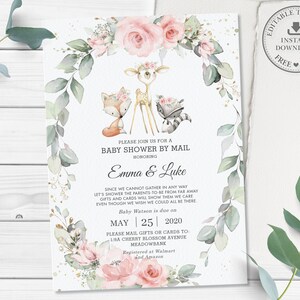 Woodland Invitation, EDITABLE TEMPLATE, Floral Greenery Forest Animals Virtual Baby Shower by Mail Invite Printable, INSTANT Download, WG10 image 1