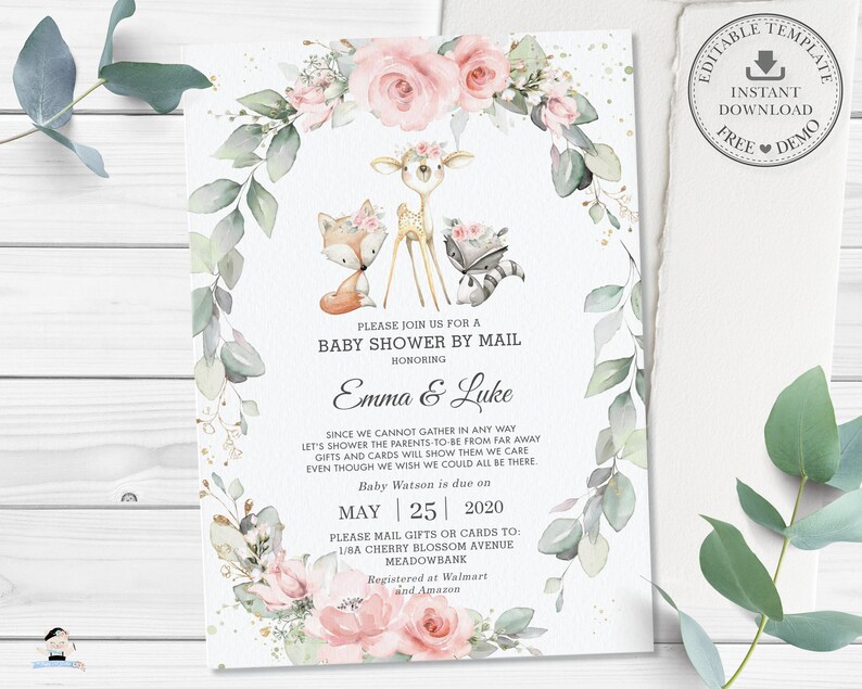 Woodland Invitation, EDITABLE TEMPLATE, Floral Greenery Forest Animals Virtual Baby Shower by Mail Invite Printable, INSTANT Download, WG10 image 1