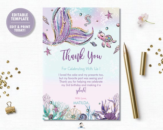 Mermaid Thank You Card Instant Download, Little Mermaid Printable Birthday Baby Shower Under the Sea Thank You Diy PDF EDITABLE TEMPLATE MT2 Il_570xn