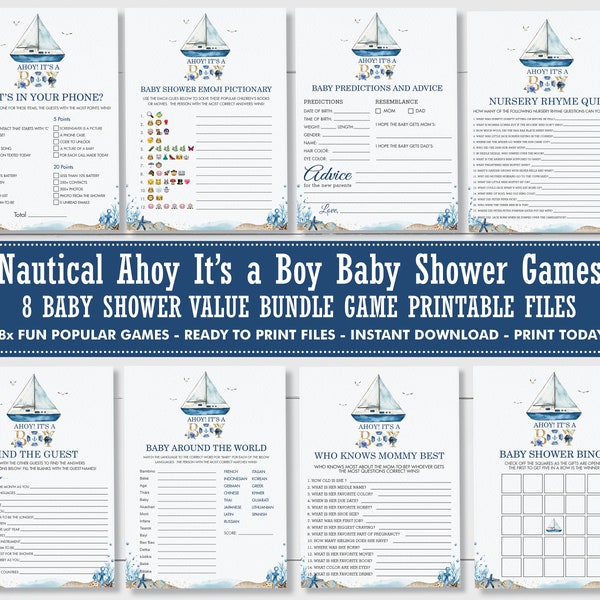 Nautische Baby Shower Spiel Bundle SOFORTIGER DOWNLOAD Ahoi Es ist ein Junge Bingo Rat Wer kennt Mama am besten Emoji Quiz Spaß Aktivität druckbar