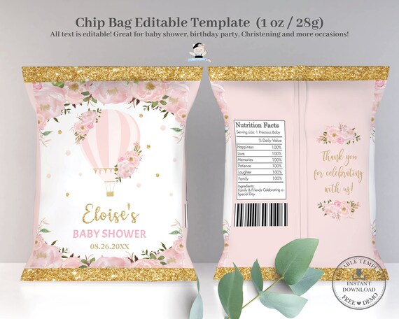 Pink Floral Hot Air Balloon Chip Bag EDITABLE TEMPLATE Baby Shower Birthday Christening Favors Wrapper Labels Printable INSTANT Download HB2 Il_570xn
